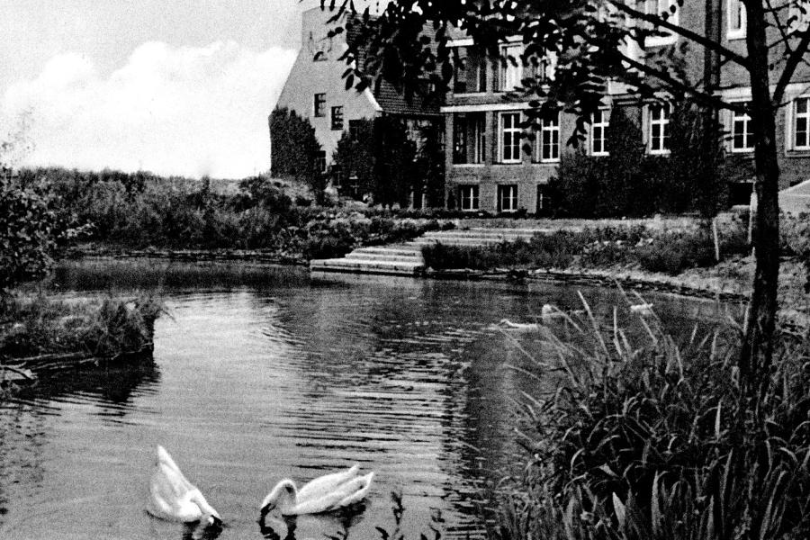 Der später trockengelegte Teich am Missionshaus (ca. 1930).
